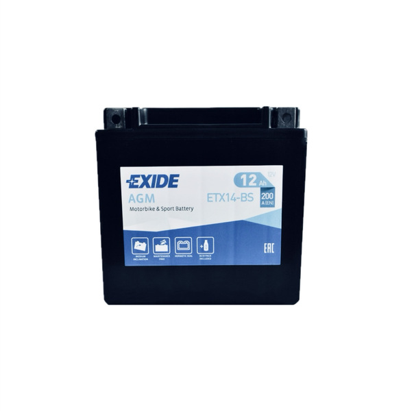 Акумулятор мотоциклетний EXIDE VRLA з електролітом 12Ah (+/-) (1) (200En) ETX14-BS